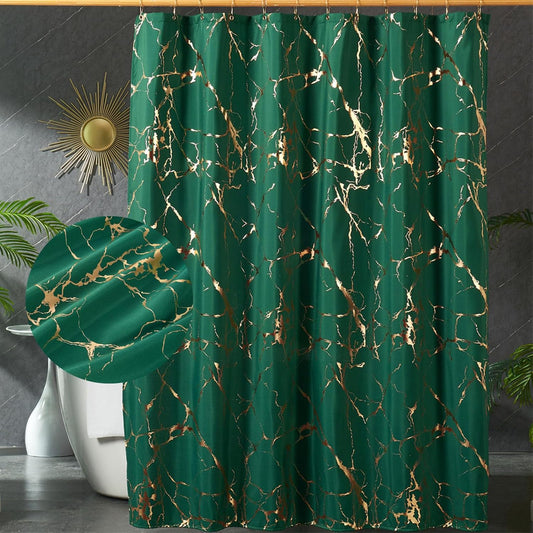 Green and Gold Shower Curtain, Marble Dark Green Shower Curtains for Bathroom with Hooks,Unique Glitter Metallic Gold Foil Printed,Water-Proof,Washable,Fabric Shower Curtain,Standard 72x72 Inch