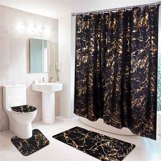 Marble Shower Curtain Set Foil Gold Printed Bathroom Rugs Sets 3 Piece