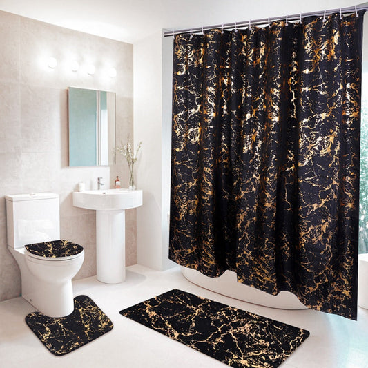 Black and Gold Marble Shower Curtain Set Foil Gold Printed Bathroom Rugs Sets 3 Piece