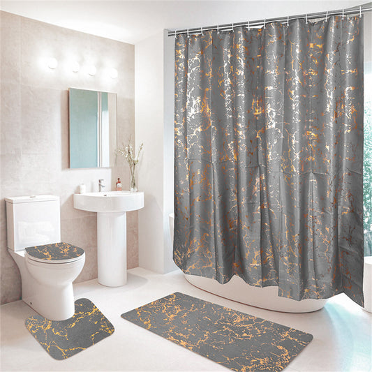 Gray and Gold Marble Shower Curtain Set Foil Gold Printed Bathroom Rugs Sets 3 Piece